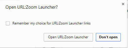 Open URL:Zoom Launcher? window, checkbox for "Remember my choice" and button for "Open URL: Zoom Launcher"