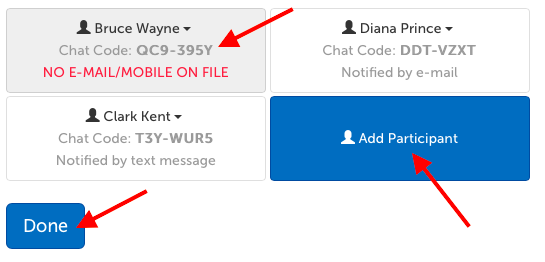 Chat participant names, chat codes, and notification methods. "Add Participant" button to add additional participants. "Done" button to save changes.