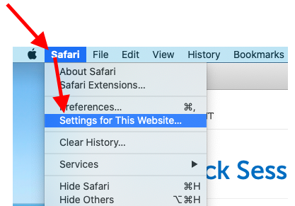 Arrow pointing to "Safari" and then "Preferences for this website"